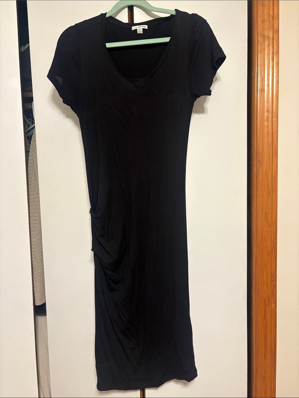 James Perse Black Short-Sleeve Ruched Midi Dress